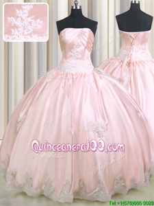 Eye-catching Baby Pink Ball Gowns Strapless Sleeveless Taffeta Floor Length Lace Up Beading and Appliques Quinceanera Dress