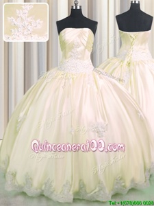 New Style Taffeta Strapless Sleeveless Lace Up Beading and Appliques 15th Birthday Dress inChampagne