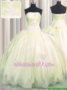 Fancy Light Yellow 15 Quinceanera Dress Military Ball and Sweet 16 and Quinceanera and For withBeading and Appliques Strapless Sleeveless Lace Up