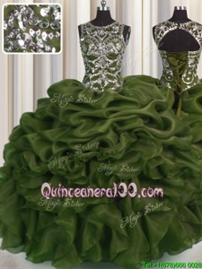 Fashionable See Through Olive Green Vestidos de Quinceanera Military Ball and Sweet 16 and Quinceanera and For withBeading and Pick Ups Scoop Sleeveless Lace Up