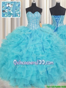 Exceptional Visible Boning Baby Blue Ball Gowns Organza Sweetheart Sleeveless Beading and Ruffles Floor Length Lace Up Sweet 16 Dresses