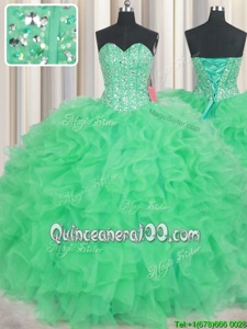 Trendy Visible Boning Sweetheart Sleeveless Quince Ball Gowns Floor Length Beading and Ruffles Apple Green Organza