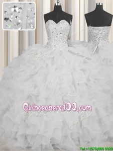 Admirable Visible Boning White 15th Birthday Dress Military Ball and Sweet 16 and Quinceanera and For withBeading and Ruffles and Sashes|ribbons Sweetheart Sleeveless Lace Up