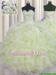 Unique Yellow Green Ball Gowns Sweetheart Sleeveless Organza Floor Length Lace Up Beading and Ruffles Quinceanera Gowns