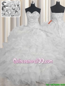 Dynamic White Lace Up Quince Ball Gowns Beading and Ruffles Sleeveless Floor Length