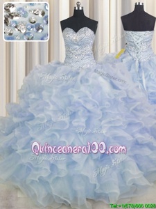Exceptional Beading and Ruffles 15 Quinceanera Dress Light Blue Lace Up Sleeveless Floor Length
