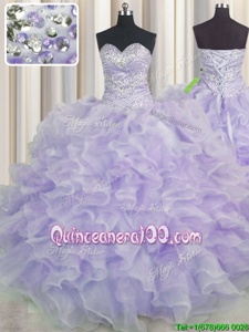 Dramatic Lavender Lace Up Sweetheart Beading and Ruffles Vestidos de Quinceanera Organza Sleeveless