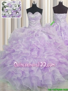 Pretty Sweetheart Sleeveless 15th Birthday Dress Floor Length Beading and Ruffles Lavender Organza