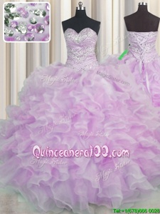 Exceptional Floor Length Lilac Sweet 16 Dresses Organza Sleeveless Spring and Summer and Fall and Winter Beading and Ruffles
