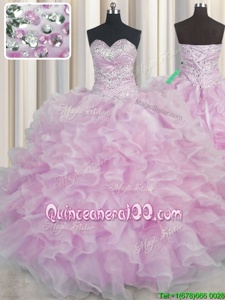 Ideal Bling-bling Lilac Lace Up Sweet 16 Dresses Beading and Ruffles Sleeveless Floor Length