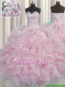 Fancy Bling-bling Pink Sweetheart Neckline Beading and Ruffles Sweet 16 Quinceanera Dress Sleeveless Lace Up