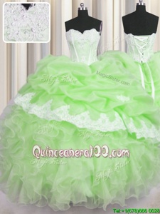 Delicate Green Sweet 16 Dresses Military Ball and Sweet 16 and Quinceanera and For withBeading and Ruffles and Pick Ups Sweetheart Sleeveless Lace Up