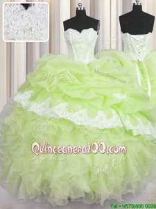 Modern Floor Length Yellow Green Vestidos de Quinceanera Organza Sleeveless Spring and Summer and Fall and Winter Beading and Appliques and Ruffles and Pick Ups