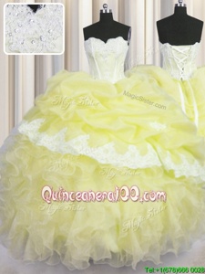 Wonderful Light Yellow Lace Up Sweetheart Beading and Appliques and Ruffles and Pick Ups Sweet 16 Quinceanera Dress Organza Sleeveless