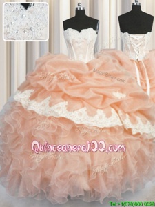 Low Price Peach Sleeveless Appliques and Ruffles and Pick Ups Floor Length Quinceanera Dress