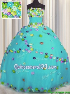 Colorful Sleeveless Hand Made Flower Lace Up Quinceanera Dress