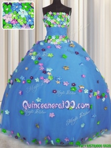 Affordable Strapless Sleeveless Quinceanera Dresses Floor Length Hand Made Flower Blue Tulle