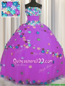 Gorgeous Floor Length Lace Up Quinceanera Dresses Purple and In forMilitary Ball and Sweet 16 and Quinceanera withHand Made Flower