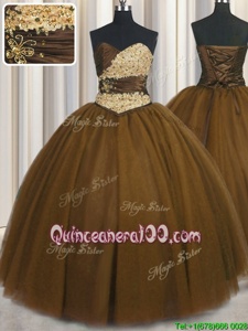 Perfect Brown Ball Gowns Beading and Appliques and Ruching and Belt Sweet 16 Dresses Lace Up Tulle Sleeveless Floor Length