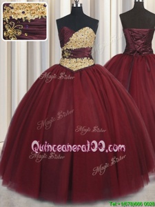 New Arrival Wine Red Tulle Lace Up Ball Gown Prom Dress Sleeveless Floor Length Beading and Appliques