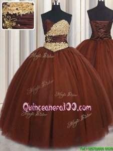 Exquisite Sleeveless Tulle Floor Length Lace Up Quinceanera Gowns inBurgundy forSpring and Summer and Fall and Winter withBeading and Appliques