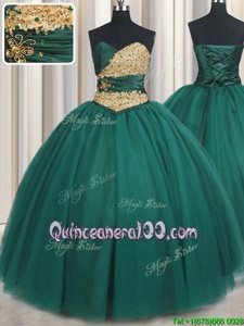 Cute Peacock Green Tulle Lace Up Sweetheart Sleeveless Floor Length Sweet 16 Dresses Beading and Appliques