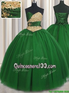 Top Selling Green Ball Gowns Sweetheart Sleeveless Tulle Floor Length Lace Up Beading and Appliques Sweet 16 Dress