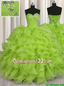 Dramatic Yellow Green Ball Gowns Sweetheart Sleeveless Organza Floor Length Lace Up Beading Sweet 16 Quinceanera Dress