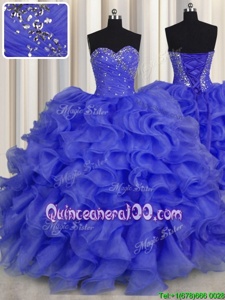 Glittering Royal Blue Lace Up Sweet 16 Quinceanera Dress Beading and Ruffles Sleeveless Floor Length
