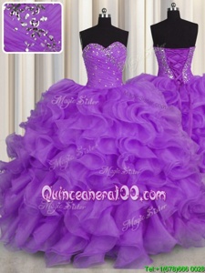 Perfect Purple Organza Lace Up Sweetheart Sleeveless Floor Length Quinceanera Gown Beading and Ruffles