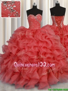 Modern Ball Gowns Quinceanera Dress Coral Red Sweetheart Organza Sleeveless Floor Length Lace Up
