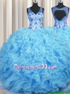 V Neck Baby Blue Sleeveless Floor Length Beading and Appliques and Ruffles Zipper Sweet 16 Quinceanera Dress