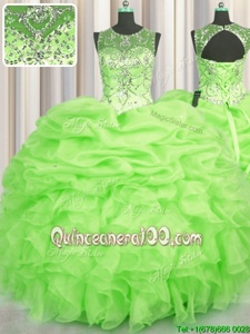 Attractive See Through Floor Length Yellow Green Quinceanera Dresses Scoop Sleeveless Lace Up