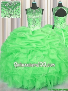 Top Selling See Through Floor Length Lace Up Quinceanera Dress Spring Green and In forMilitary Ball and Sweet 16 and Quinceanera withBeading and Ruffles and Pick Ups