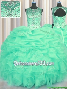 Scoop See Through Sleeveless Floor Length Beading and Ruffles and Pick Ups Lace Up 15th Birthday Dress with Turquoise
