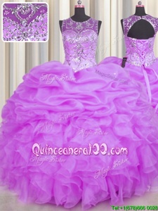 Inexpensive Scoop See Through Sleeveless Organza Floor Length Backless Vestidos de Quinceanera inLilac forSpring and Summer and Fall and Winter withBeading and Ruffles and Pick Ups
