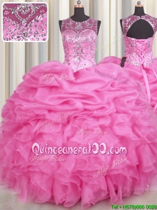 Suitable See Through Scoop Sleeveless Organza Vestidos de Quinceanera Beading and Ruffles and Pick Ups Lace Up