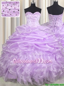 Flare Lavender Lace Up Sweetheart Beading and Ruffles and Pick Ups Quinceanera Gowns Organza Sleeveless Brush Train