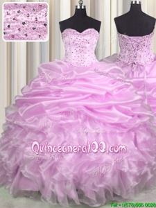 Graceful Lilac Sweetheart Lace Up Beading and Ruffles and Pick Ups Quinceanera Dresses Brush Train Sleeveless