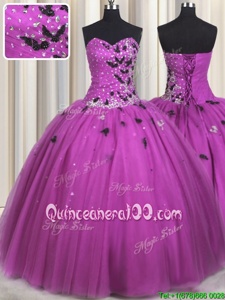 Gorgeous Fuchsia Lace Up Sweet 16 Quinceanera Dress Beading and Appliques Sleeveless Floor Length