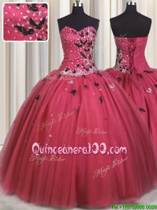 Cute Coral Red Lace Up Sweetheart Beading and Appliques Sweet 16 Dresses Tulle Sleeveless