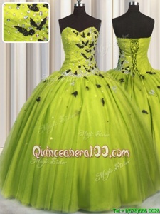 Fashion Yellow Green Tulle Lace Up Sweetheart Sleeveless Floor Length Quince Ball Gowns Beading and Appliques