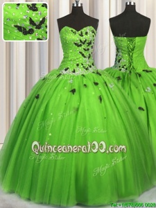 Smart Sweetheart Sleeveless Tulle Quince Ball Gowns Beading and Appliques Lace Up
