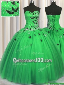 Flirting Green Lace Up Sweetheart Beading and Appliques Sweet 16 Quinceanera Dress Tulle Sleeveless