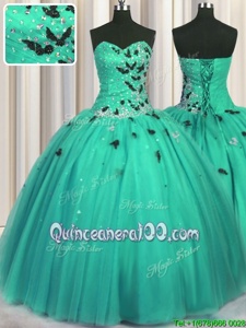 Nice Sleeveless Tulle Floor Length Lace Up Sweet 16 Quinceanera Dress inTurquoise forSpring and Summer and Fall and Winter withBeading and Appliques