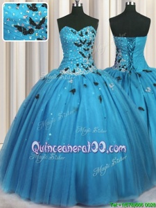 Customized Floor Length Baby Blue Quinceanera Dress Sweetheart Sleeveless Lace Up