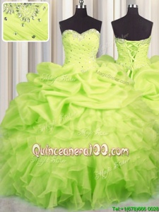 Gorgeous Floor Length Yellow Green 15 Quinceanera Dress Organza Sleeveless Spring and Summer and Fall and Winter Beading and Ruffles and Ruching and Pick Ups