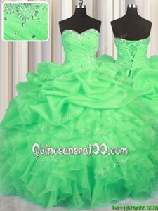 Elegant Floor Length Lace Up Quince Ball Gowns Green and In forMilitary Ball and Sweet 16 and Quinceanera withBeading and Ruffles and Ruching and Pick Ups