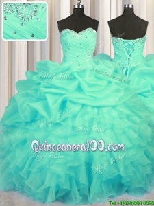 Cute Floor Length Turquoise 15 Quinceanera Dress Organza Sleeveless Spring and Summer and Fall and Winter Beading and Ruffles and Ruching and Pick Ups