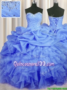 Luxury Organza Sweetheart Sleeveless Lace Up Beading and Ruffles and Ruching and Pick Ups Quince Ball Gowns inBlue